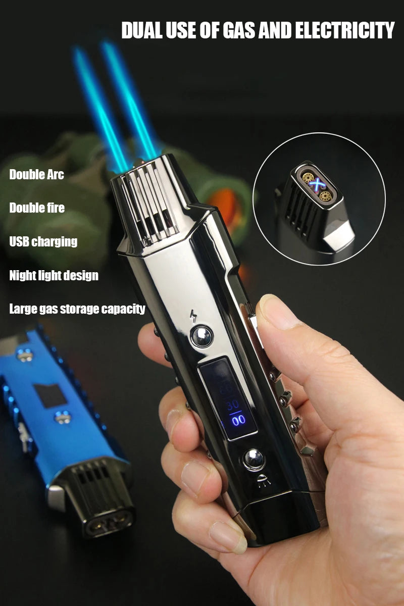 Multifunctional Gas And Electric Lighter  Double Arc  Double Blue Flame White Night Light With Power Display Outdoor Windproof
