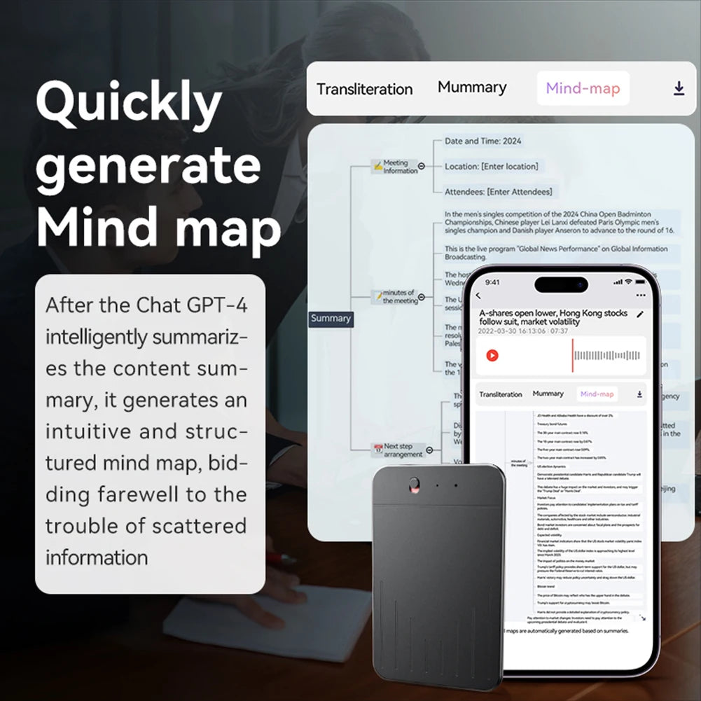 AI Voice Recorder Support 80+ Languages AI Notetaking Device Voice To Text Recorder Audio Dictaphone for Lectures Meetings Calls