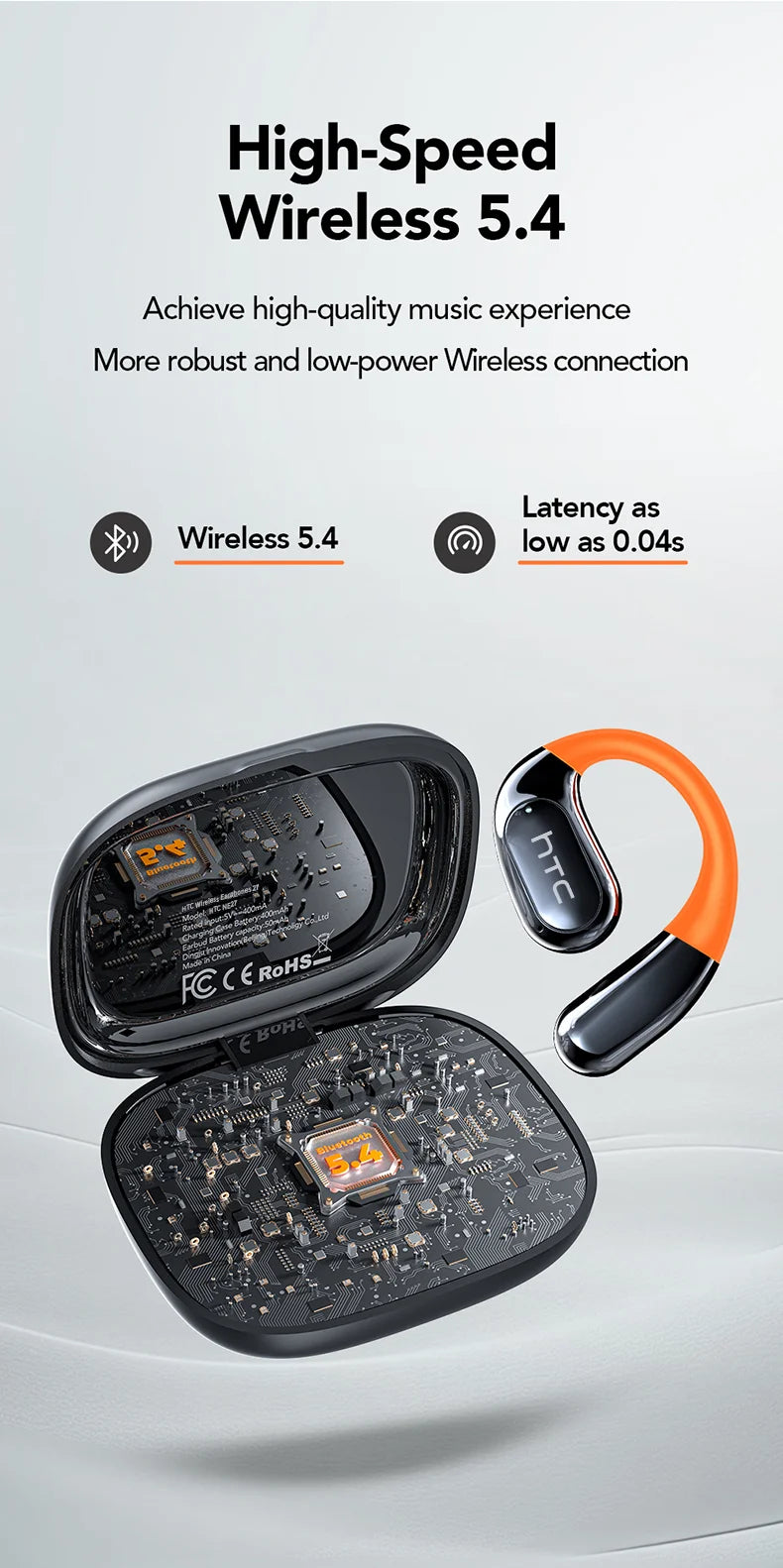 HTC NE27 Wireless Headphones AI Translator Earbuds OWS Sports Bluetooth Earphones Glowing Earhook Customizable Wallpaper Screen