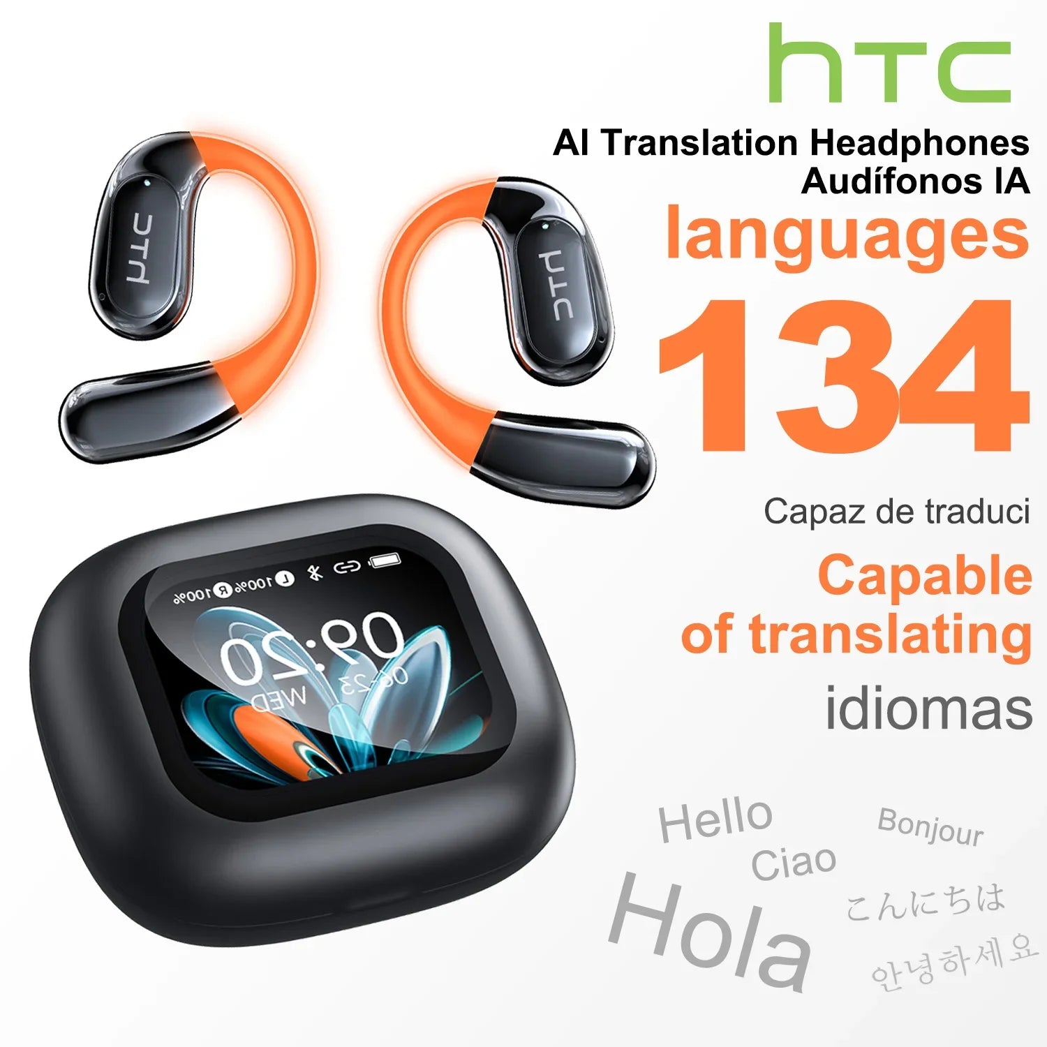 HTC NE27 Wireless Headphones AI Translator Earbuds OWS Sports Bluetooth Earphones Glowing Earhook Customizable Wallpaper Screen