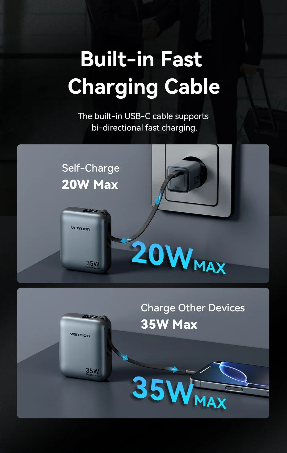 Vention 10000mAh Power Bank Fast Charging PD 35W Portable PowerBank for iPhone 16 15 Pro Max Xiaomi External Battery Charger