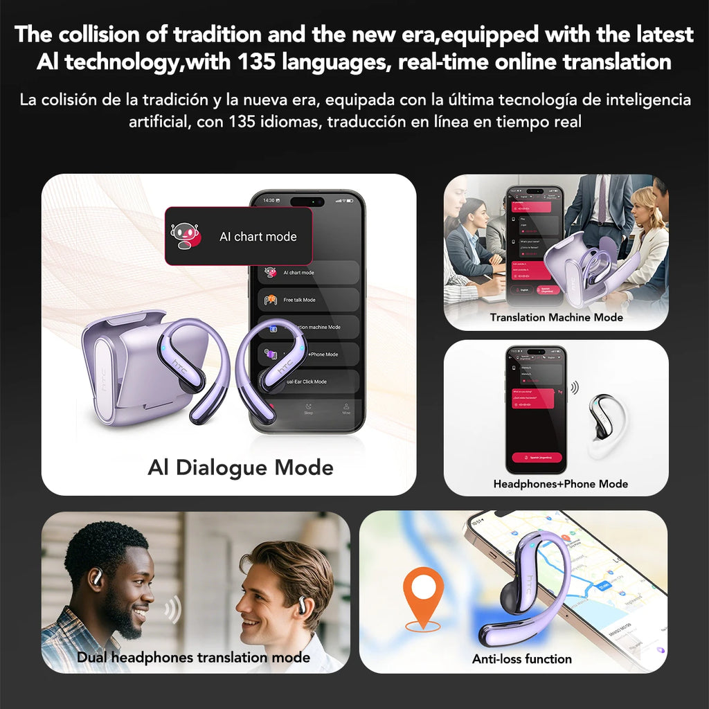 Translator HTC NE23 OWS Wireless Headphones 6.0 Translation Earphones Dual Noise Reduction Calls IP55 Professional Protection