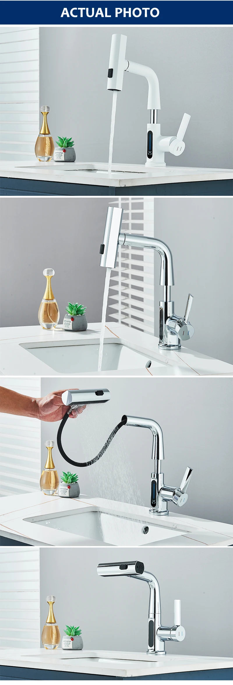 Digital Display Bathroom Basin Faucet Pull Out 3 Ways Nozzle Rainfall Stream Sprayer Crane Lifting Hot Cold Water Mixer Tap