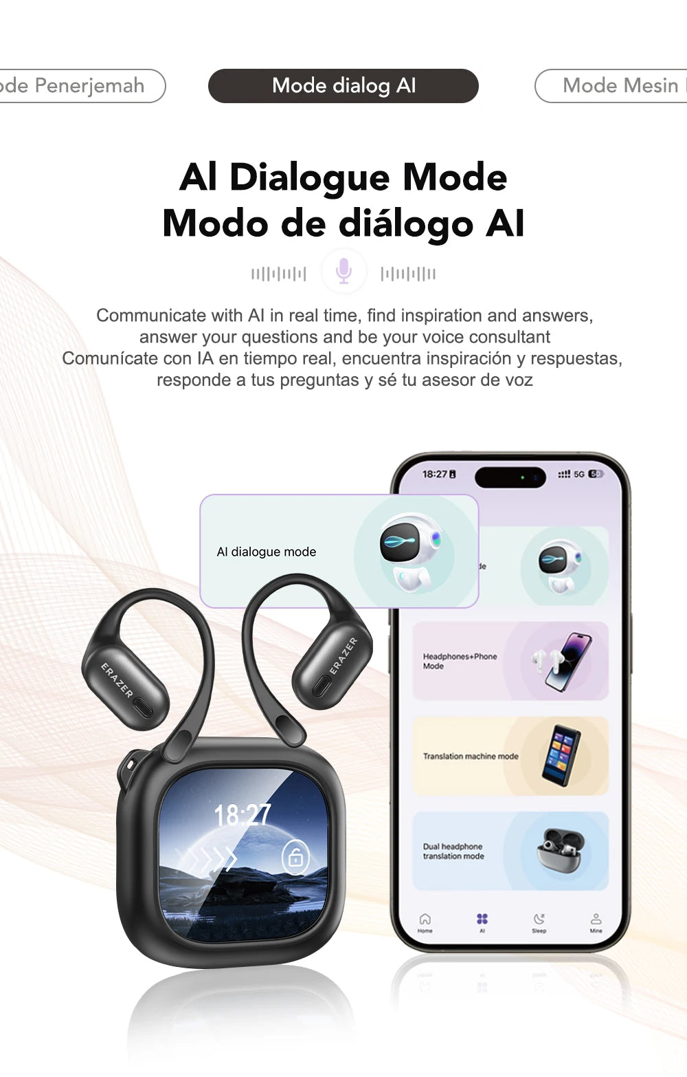 ERAZER XF38  Bluetooth Earphones AI Translator Earbuds OWS LCD Touch Screen Sport Wireless Headphones HD Stereo Sound Longlife