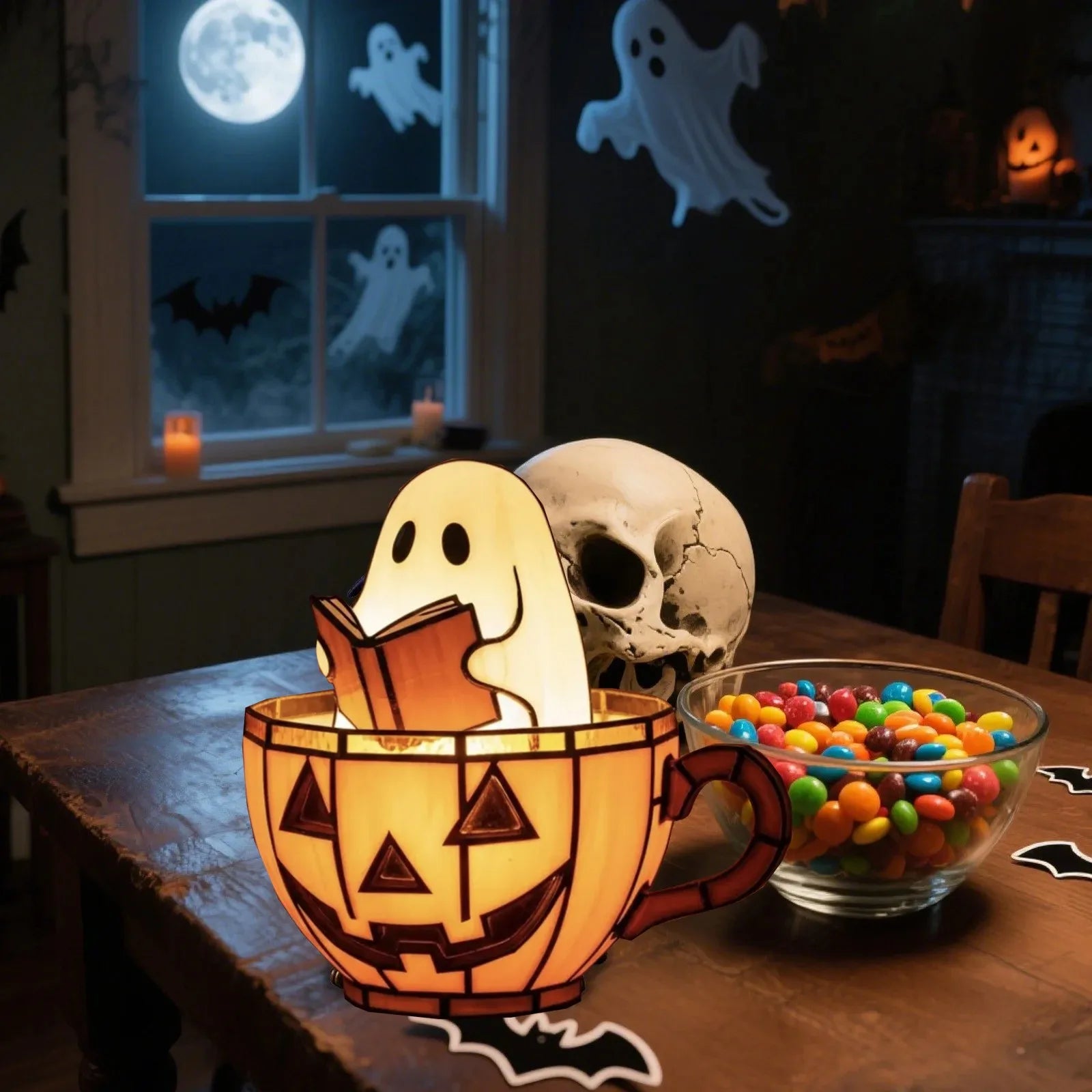 2025 Halloween Ghost Light Reading Book Lamp Adorable Pumpkin Led Light Resin Display Reading Night Light For Book Lover