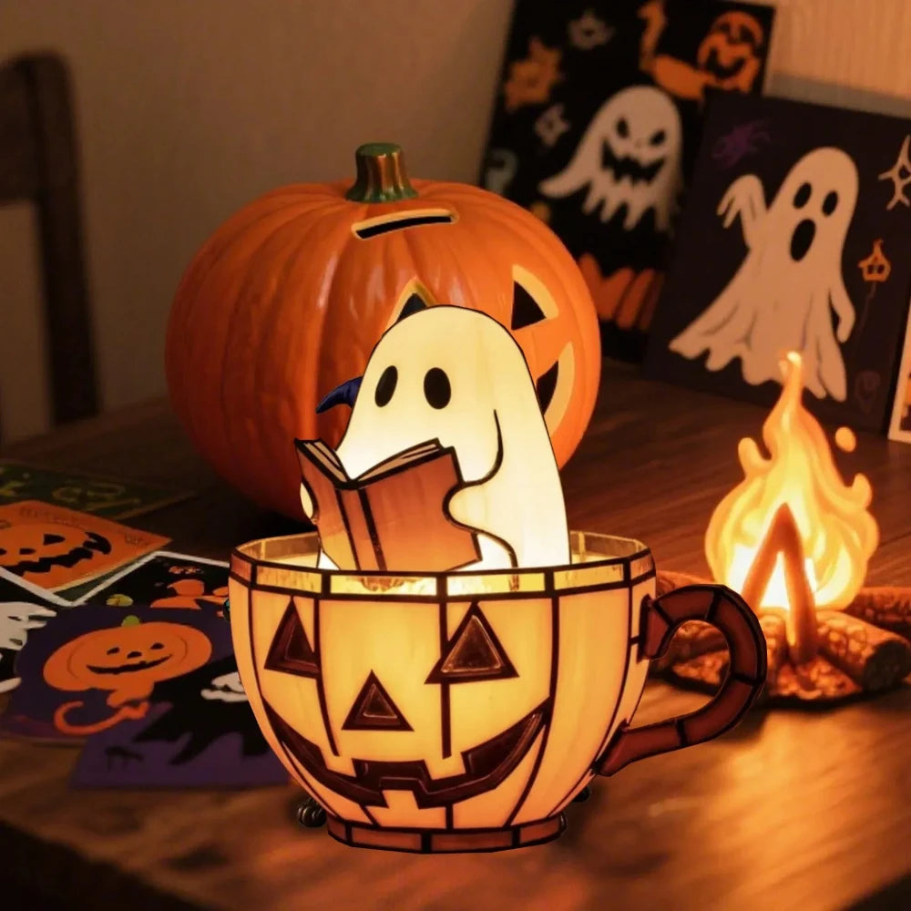 2025 Halloween Ghost Light Reading Book Lamp Adorable Pumpkin Led Light Resin Display Reading Night Light For Book Lover