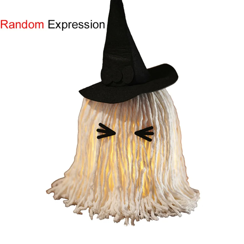 Luminous Halloween Hanging Ghost Light LED with Hat Specter Ornaments DIY Expression White Tassels Mop Head Desktop Decoration