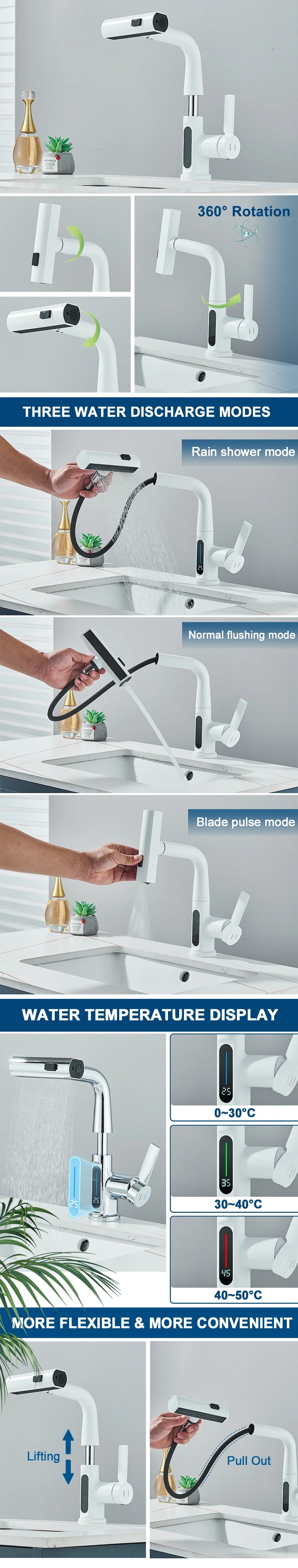 Digital Display Bathroom Basin Faucet Pull Out 3 Ways Nozzle Rainfall Stream Sprayer Crane Lifting Hot Cold Water Mixer Tap