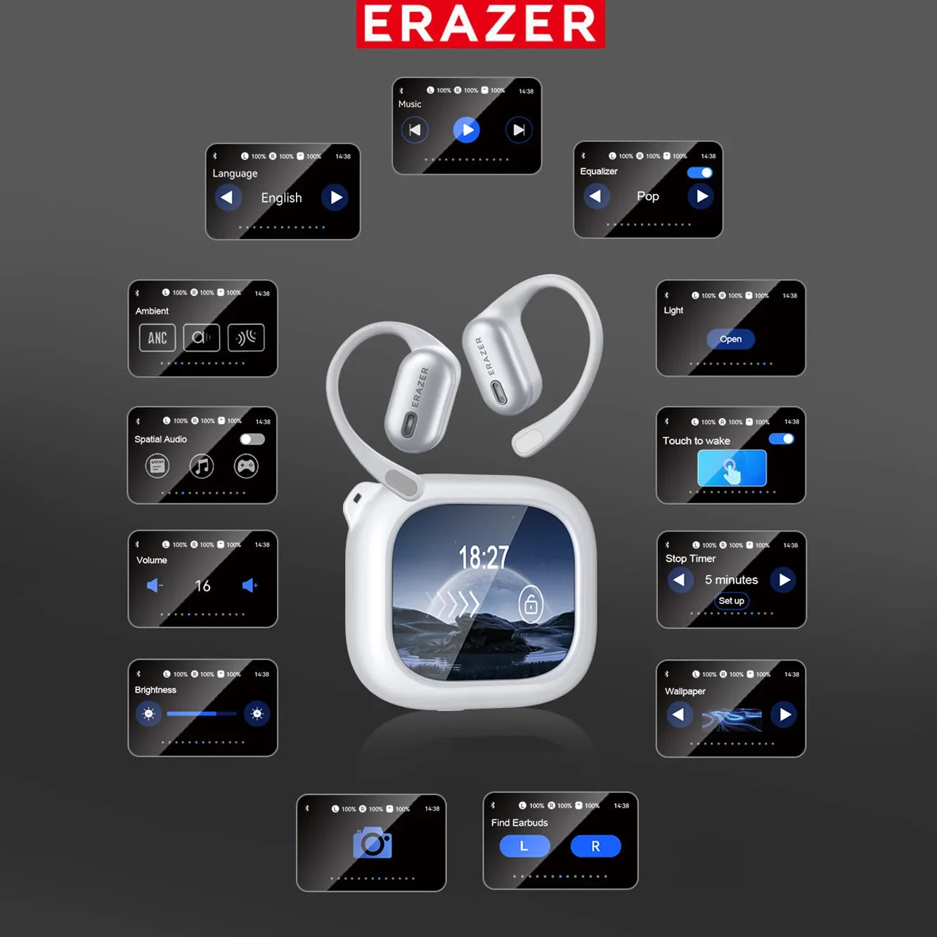 ERAZER XF38  Bluetooth Earphones AI Translator Earbuds OWS LCD Touch Screen Sport Wireless Headphones HD Stereo Sound Longlife