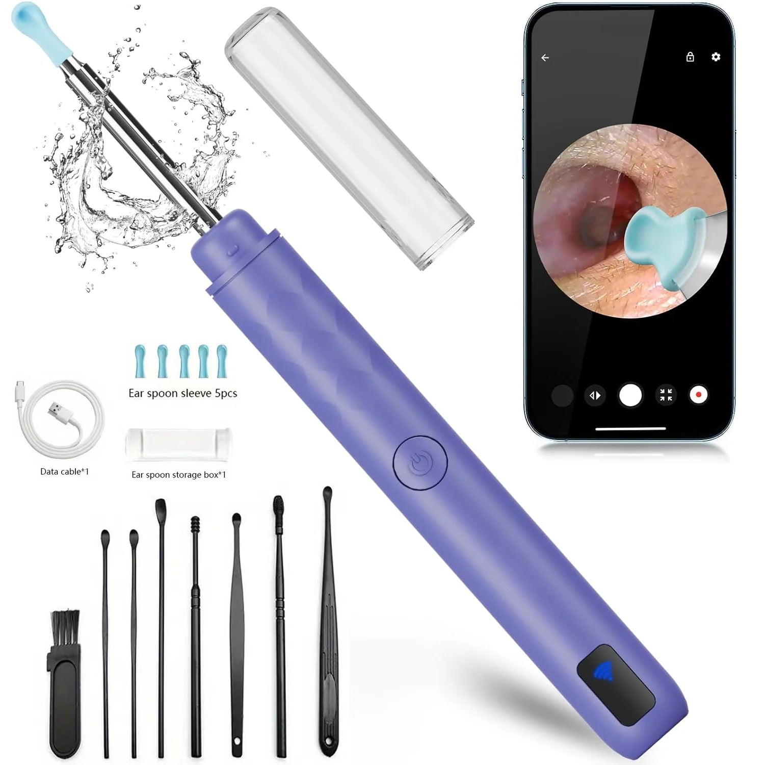 Earwax Removal Kit for IOS Phones Violet Ear Canal Cleaner with 1296P Camera 5 Ear Spoons
