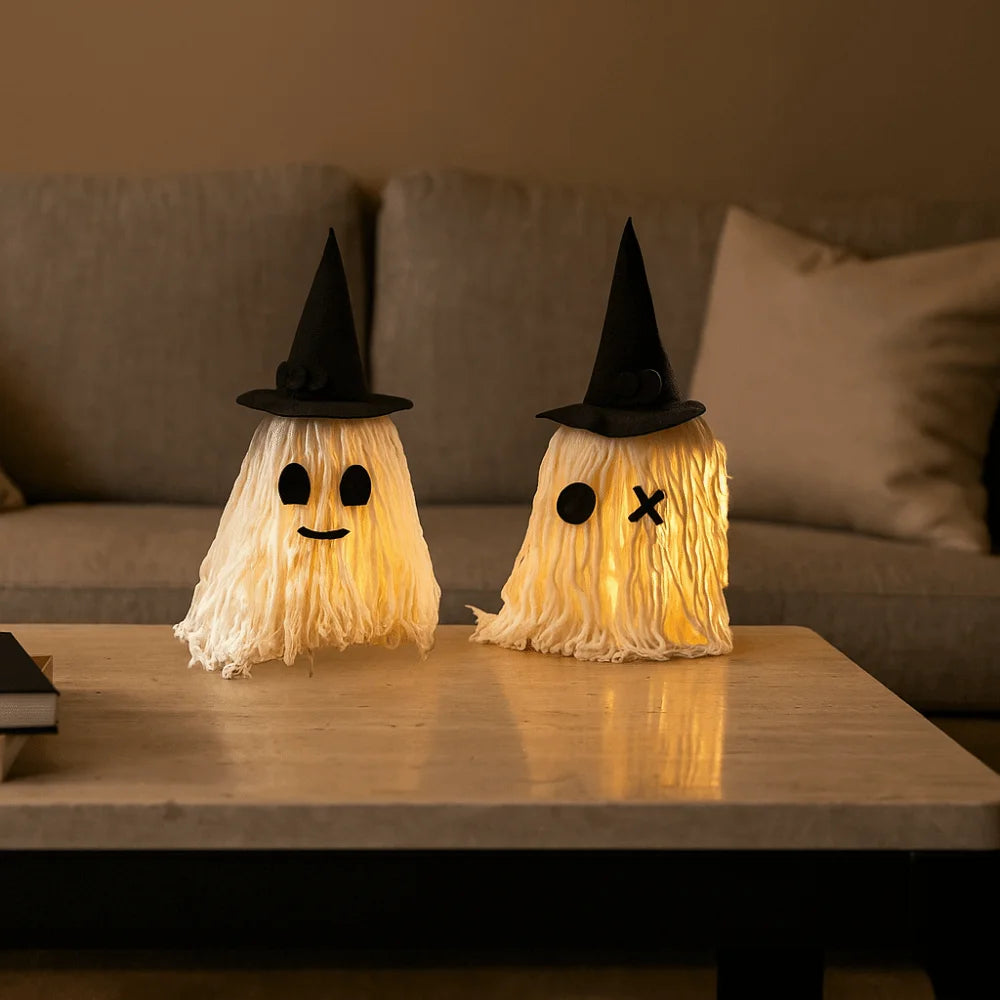 Luminous Halloween Hanging Ghost Light LED with Hat Specter Ornaments DIY Expression White Tassels Mop Head Desktop Decoration