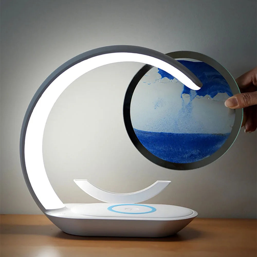 Quicksand Table Lamp Wireless Charging Desk Lamp 3D Hourglass Ornaments Sand Painting Night Light for Office Room Decoration
