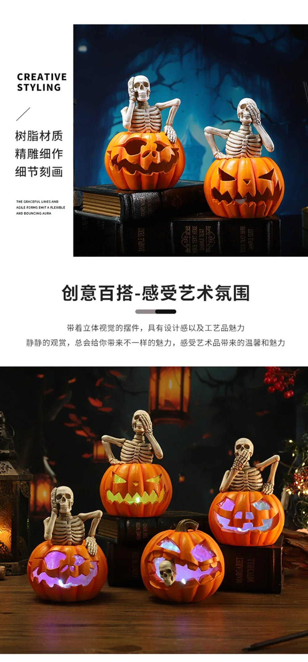 2025 Halloween Skeleton Pumpkin Lantern Ornament Halloween Party Funny Atmosphere Decoration Props Ghost Pumpkin Resin Crafts