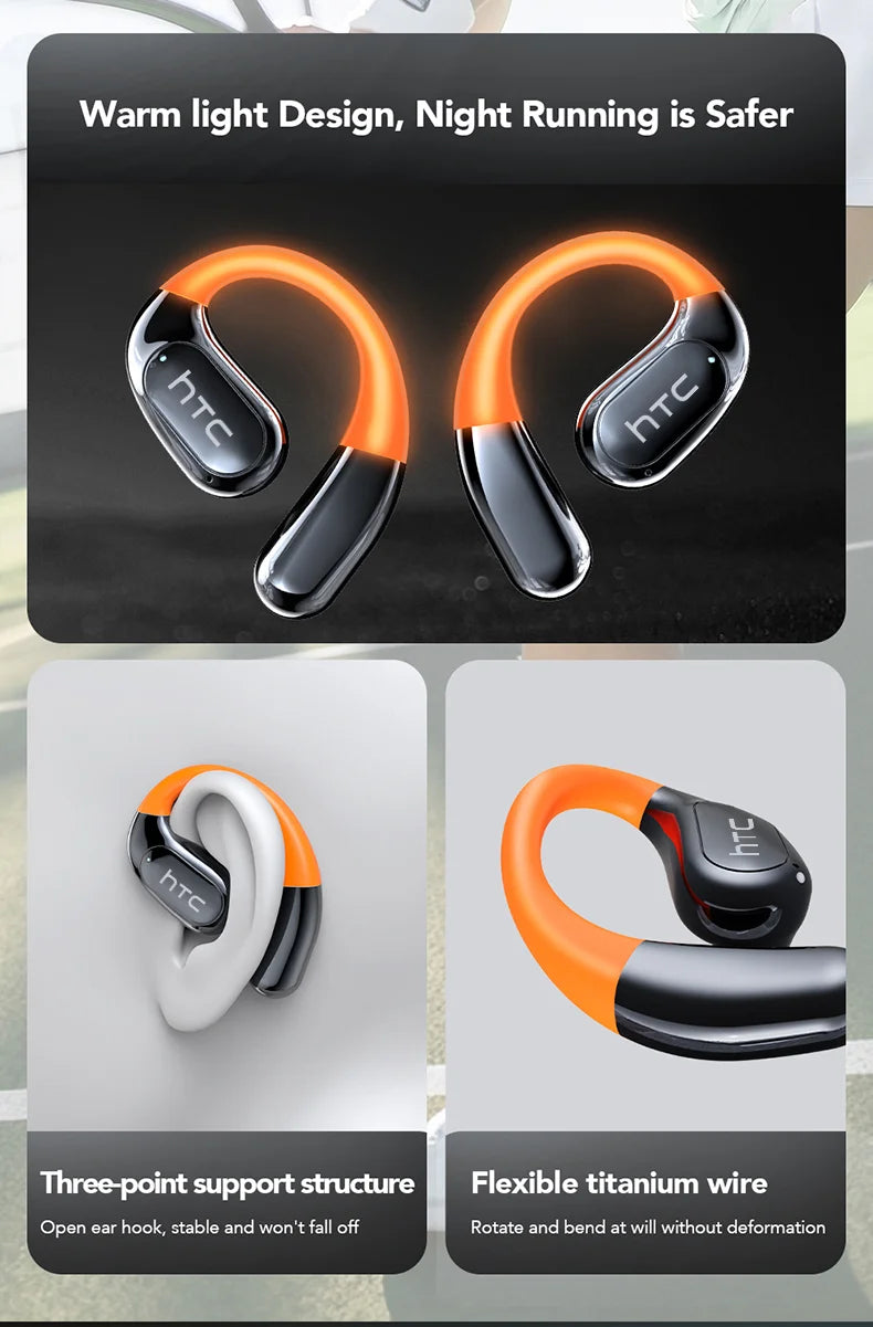 HTC NE27 Wireless Headphones AI Translator Earbuds OWS Sports Bluetooth Earphones Glowing Earhook Customizable Wallpaper Screen