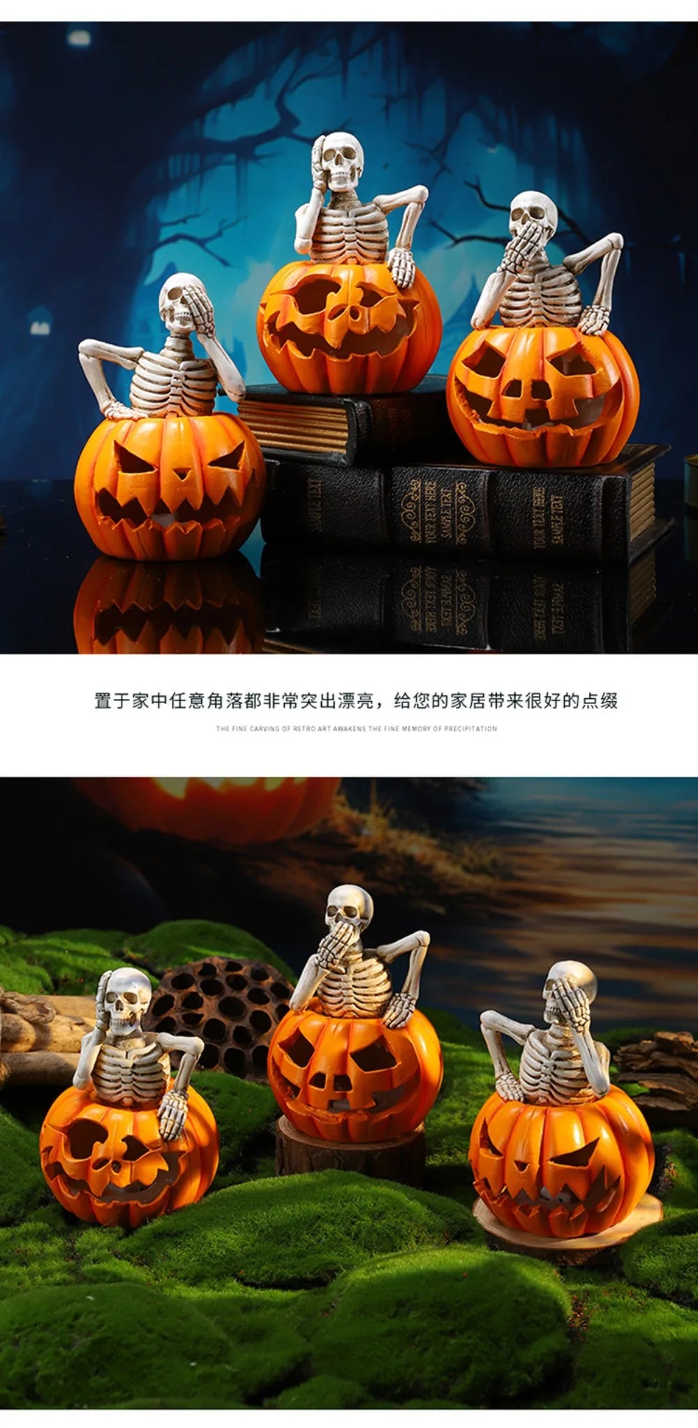 2025 Halloween Skeleton Pumpkin Lantern Ornament Halloween Party Funny Atmosphere Decoration Props Ghost Pumpkin Resin Crafts