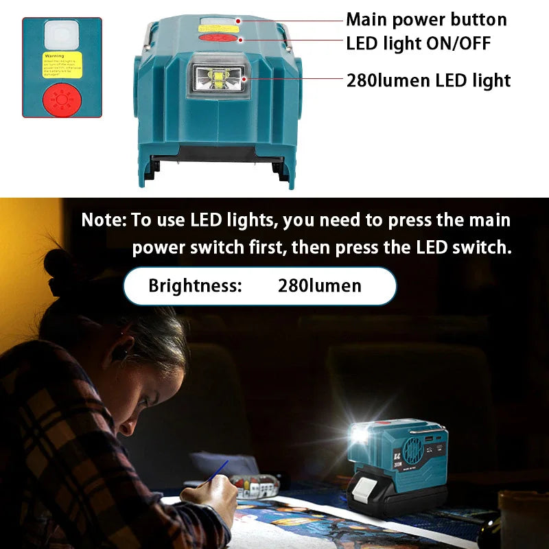 Power Inverter for Makita 18V Battery,DC 18V to AC 120V/220V Portable Power Station with USB,Type-C 280lm LED Light for Camping