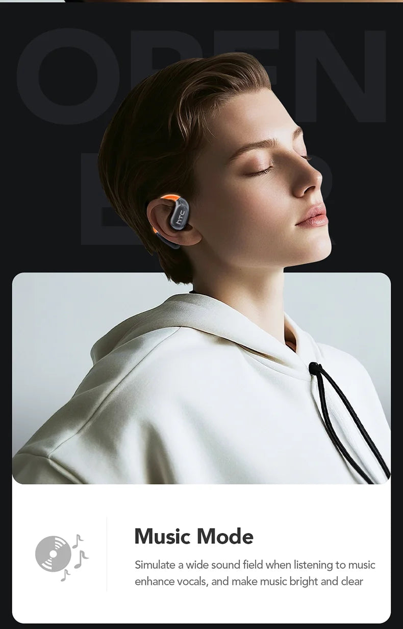 HTC NE27 Wireless Headphones AI Translator Earbuds OWS Sports Bluetooth Earphones Glowing Earhook Customizable Wallpaper Screen