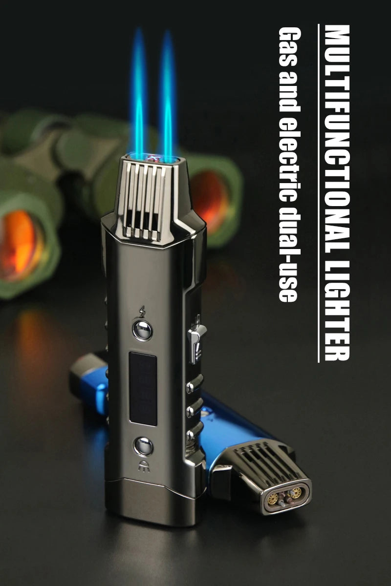 Multifunctional Gas And Electric Lighter  Double Arc  Double Blue Flame White Night Light With Power Display Outdoor Windproof