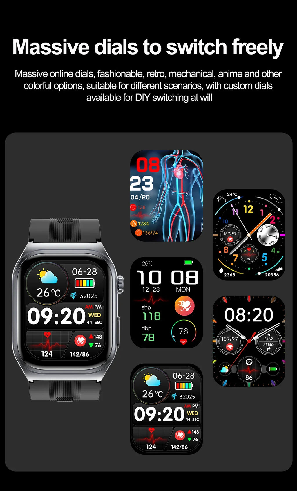 New Precise Detection Blood Pressure Smart Watch Air Pump Airbag Heart Rate ECG Health Bracelet BT Call Watches Men For Xiaomi