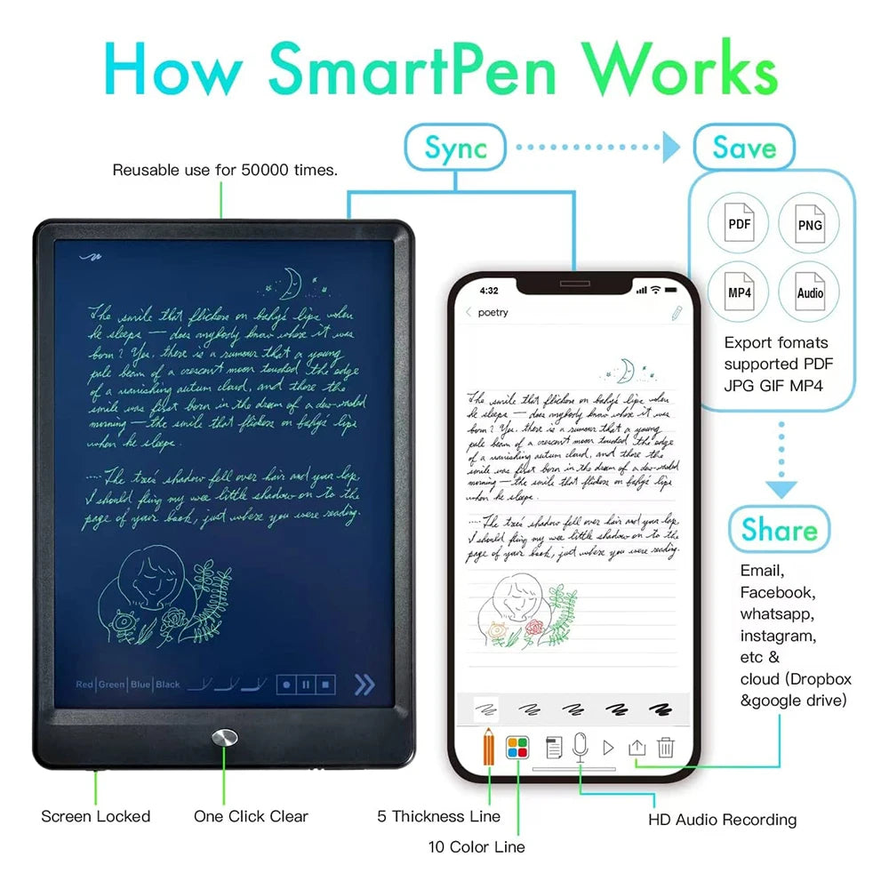 Bisofice Notebook Digital Pen Smart Pen Writing Set Includes Smartpen Smart A5 PU Leather Notebook Reusable Writing Tablet B5