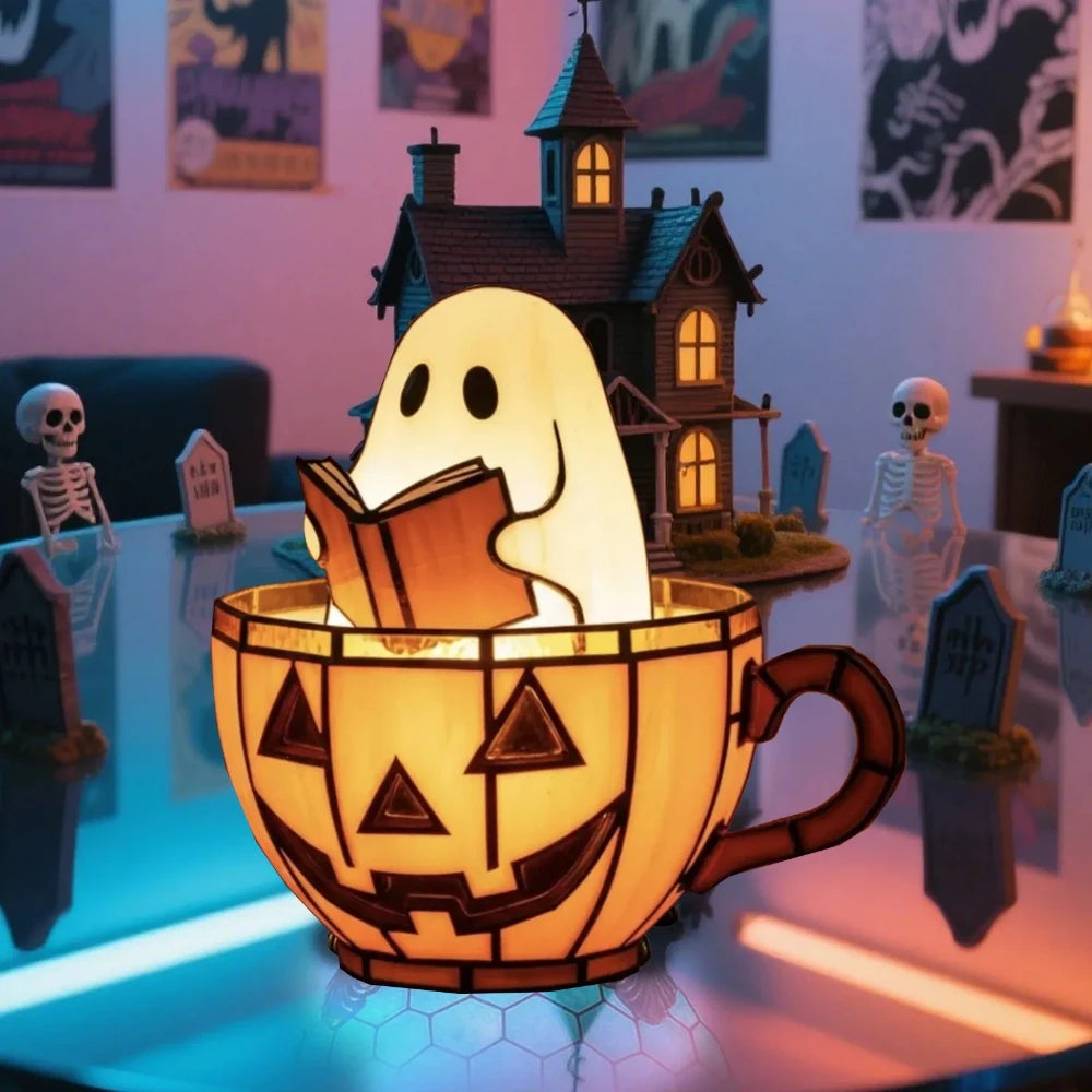 2025 Halloween Ghost Light Reading Book Lamp Adorable Pumpkin Led Light Resin Display Reading Night Light For Book Lover