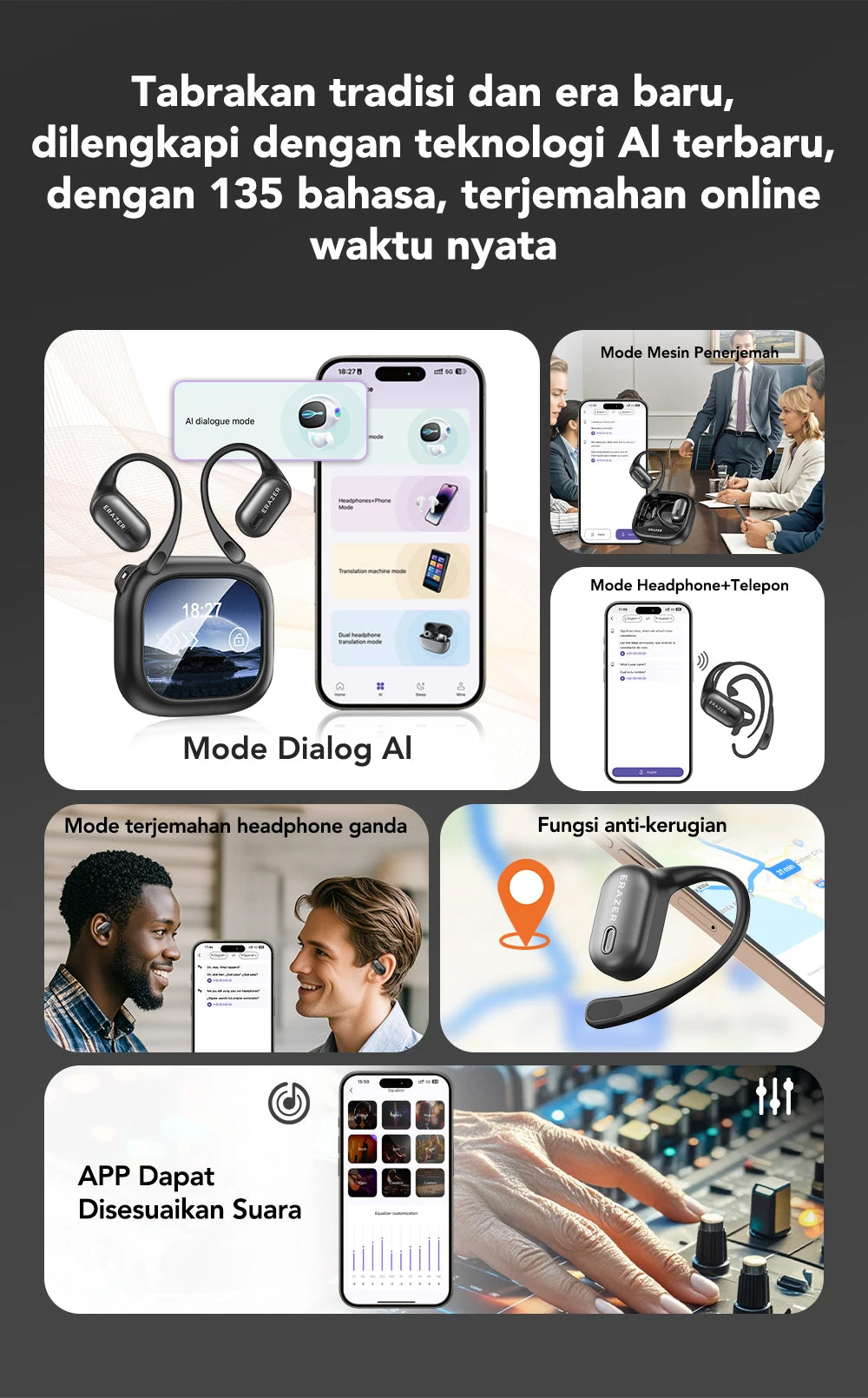 ERAZER XF38  Bluetooth Earphones AI Translator Earbuds OWS LCD Touch Screen Sport Wireless Headphones HD Stereo Sound Longlife