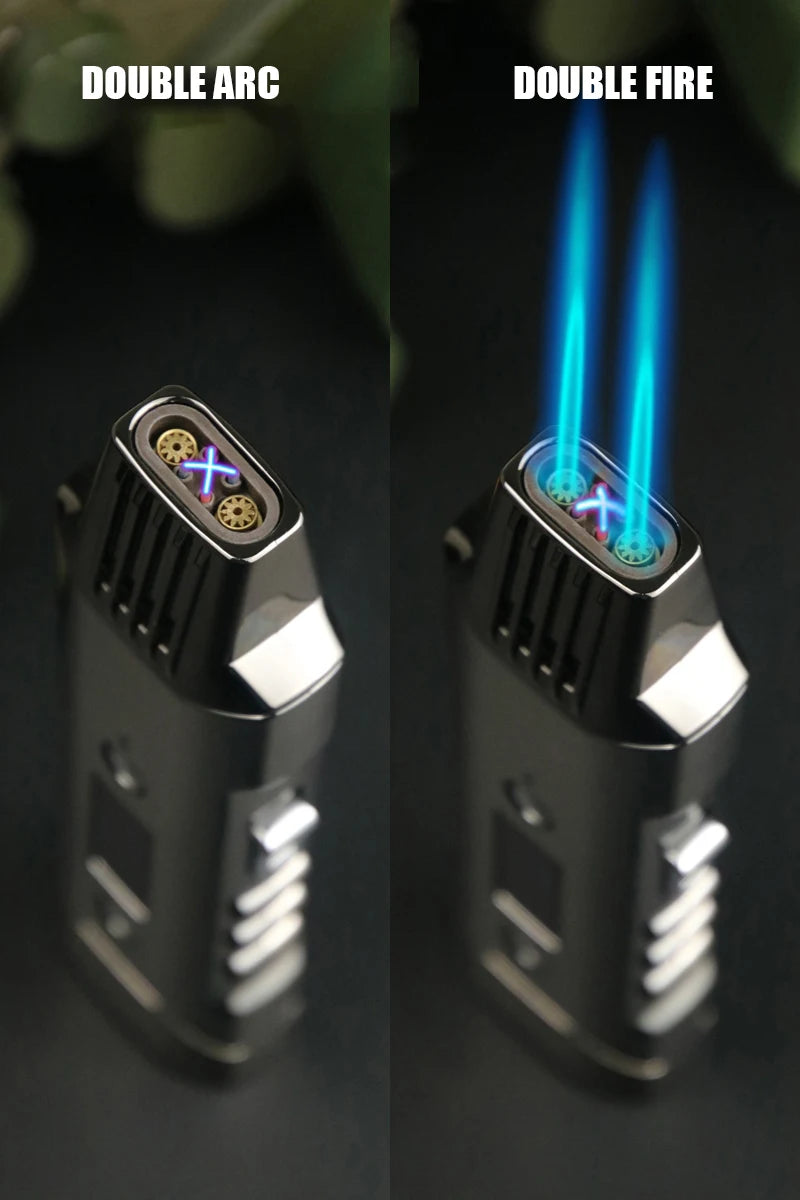 Multifunctional Gas And Electric Lighter  Double Arc  Double Blue Flame White Night Light With Power Display Outdoor Windproof